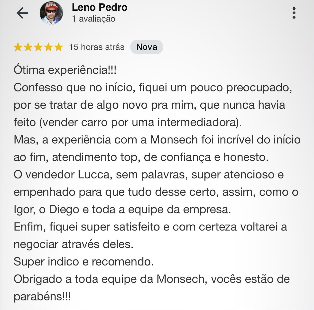 Avaliação cinco estrelas de Leno Pedro